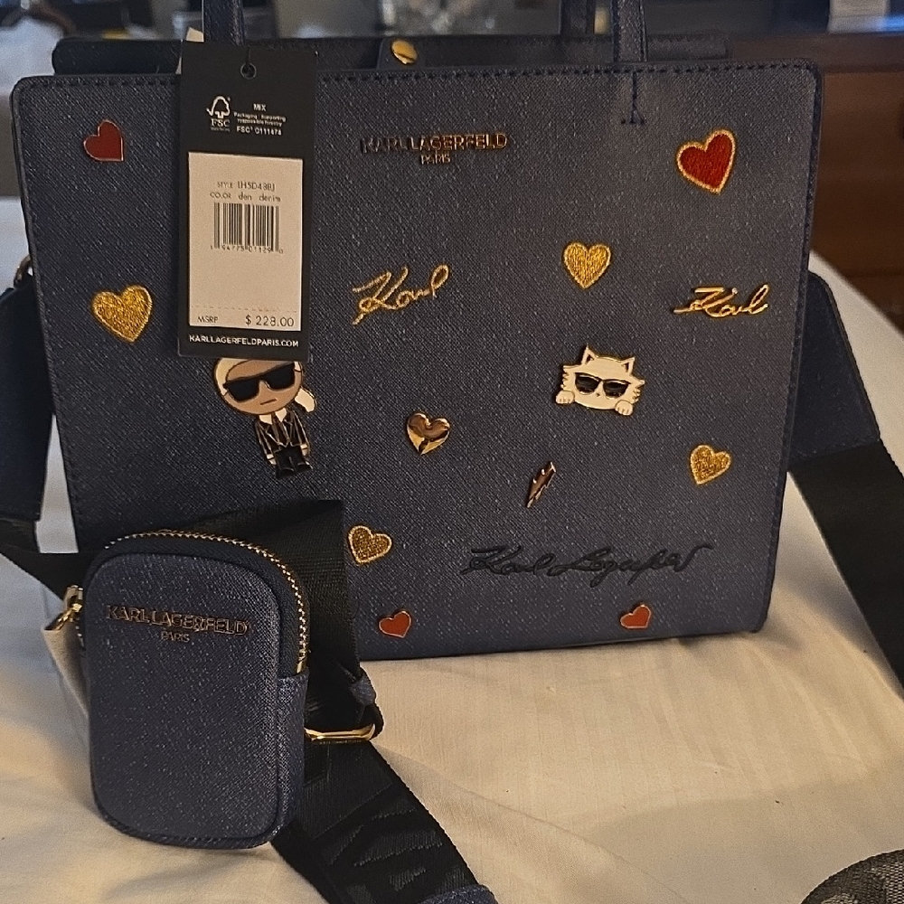 Karl Lagerfeld Denim Blue Crossbody Bag with Gold and Red Accents